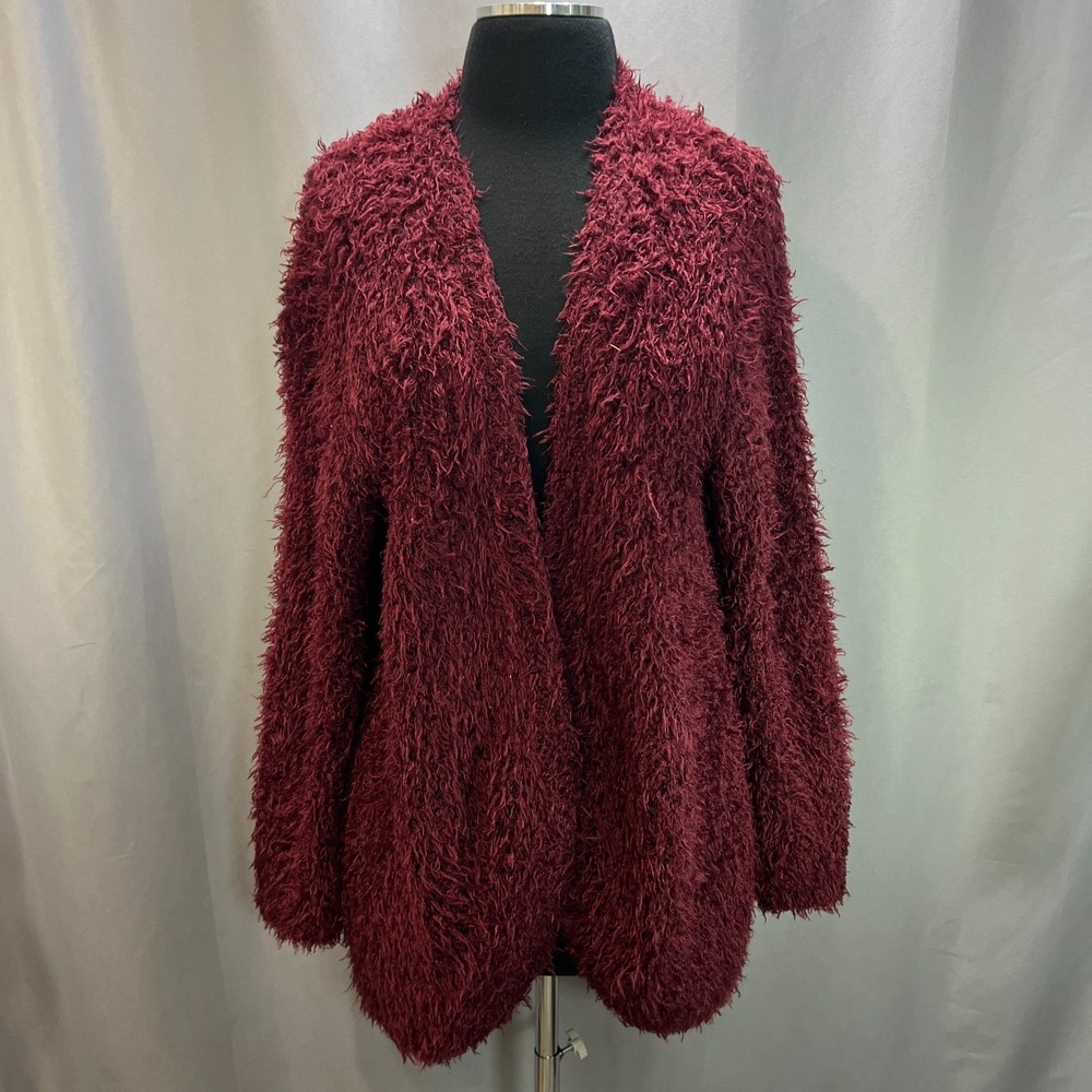 Kensie Fuzzy Cardigan Sweater Womens Medium Burgundy Open Front Long Sleeve